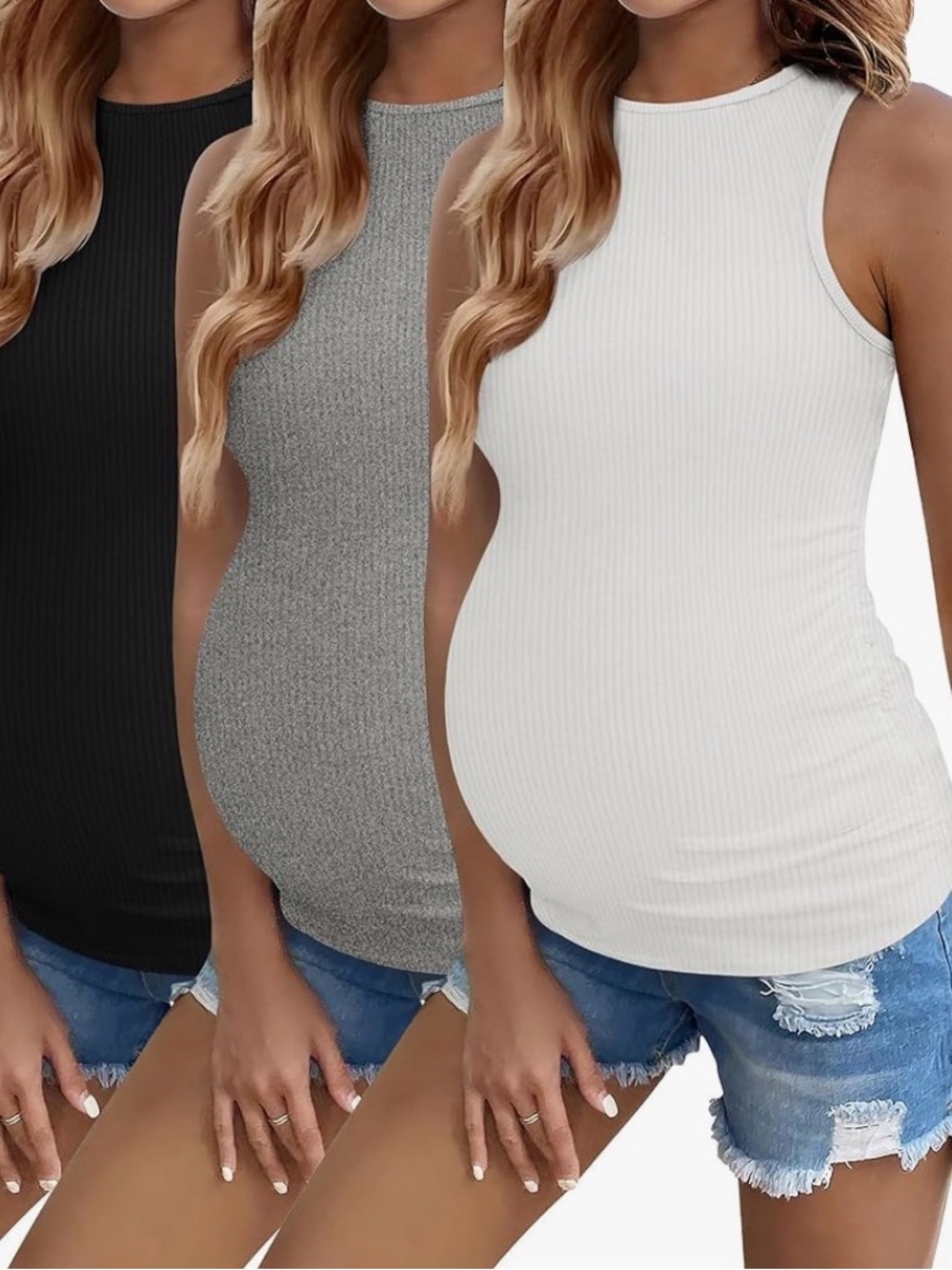 Ribbed Maternity Tank Tops - White, Gray, Black (Set of 3)